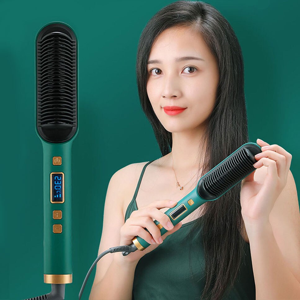 Cepillo alisador de pelo 2 en 1, cepillo eléctrico de iones negativos, peine rizador con pantalla Lcd, herramientas para rizar el cabello plancha de pelo secador y cepillo alisador planchas para el pelo Pei