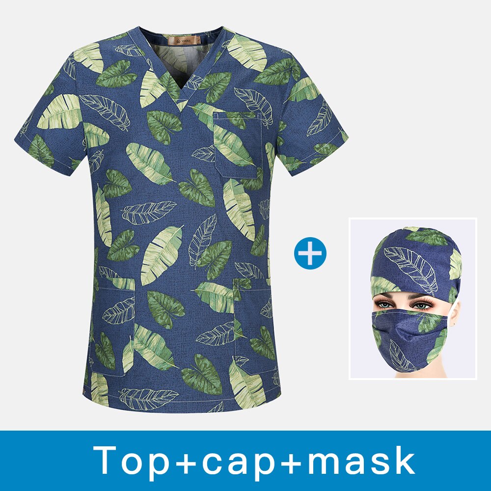 Atmungsaktive frauen Peeling oben Baumwolle einstellbare Uniform Blau Drucken Uniform V-ausschnitt Hemd labor Arbeitskleidung Neue oben + Hütte: oben Deckel Maske / XXL