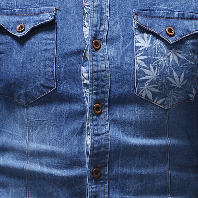 Jeansskjorta för män sommarblå skjorta med dubbla fickor casual smal kortärmad skjorta storlek 3xl