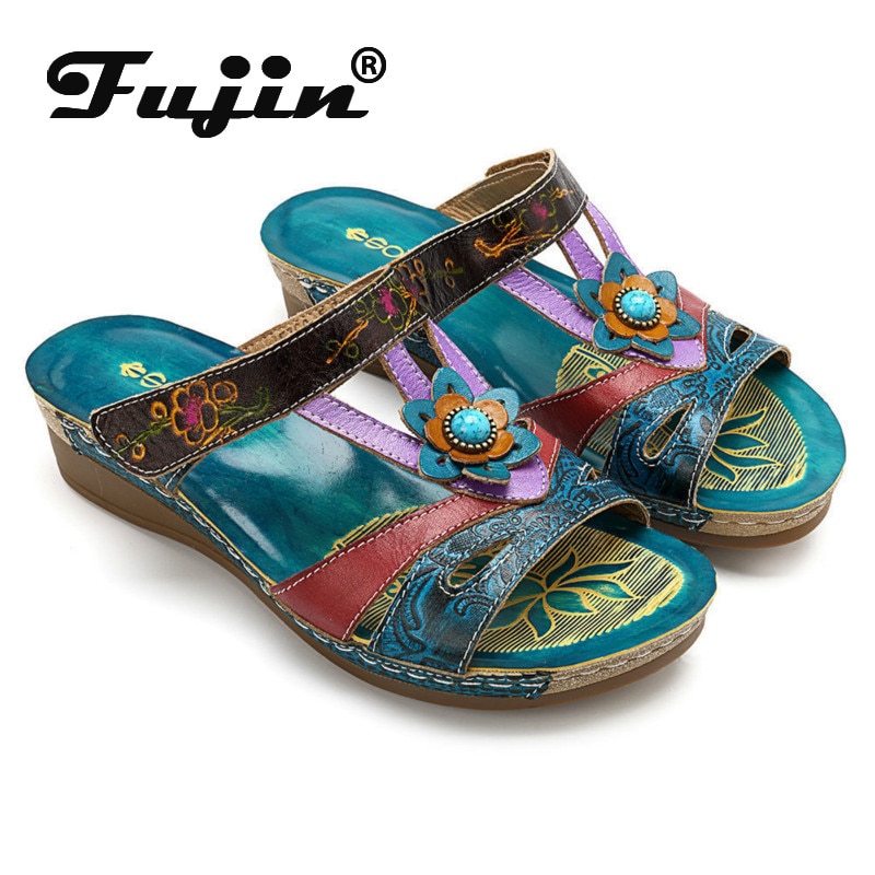 Fujin mujeres zapatillas verano nuevos zapatos plataforma cuñas sandalias cuña étnica flor transpirable casual mujeres zapatillas