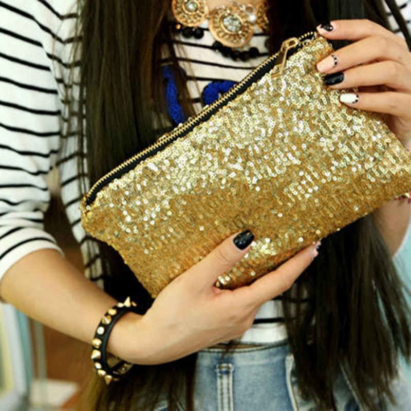 Womens Ladies Glitter Sparkling Sequins Handbag Evening Party Clutch Bag: Gold