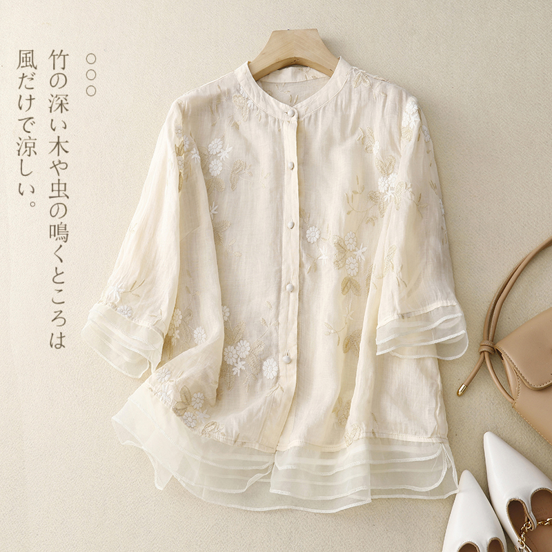 Frühling Sommer Frauen Hemd Bluse gespleißt Dreiviertel Gaze Stand Hals einreihig Brüste Folk bestickte Strickjacke Tops: M / Cremeweiß
