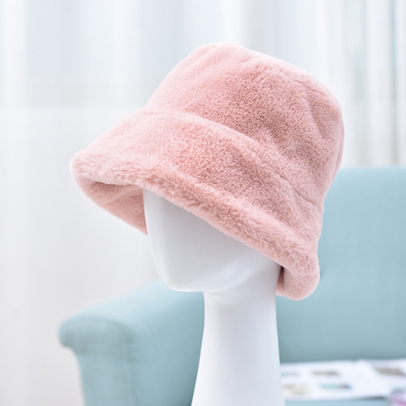 Fuskepels vinter bøtte lue for kvinner jente solid fortykket myk varm fiskelue utendørs dame plysj fluffy panama caps