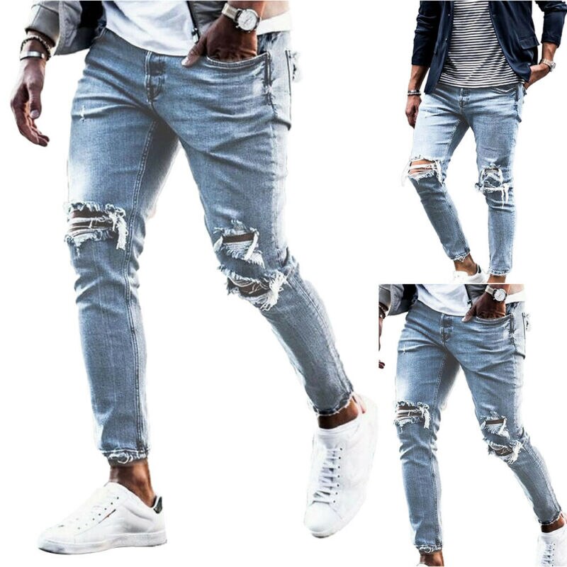 Mens Skinny Slim Fit Ripped Jeans Stretch Biker Distressed Casual Denim Pants