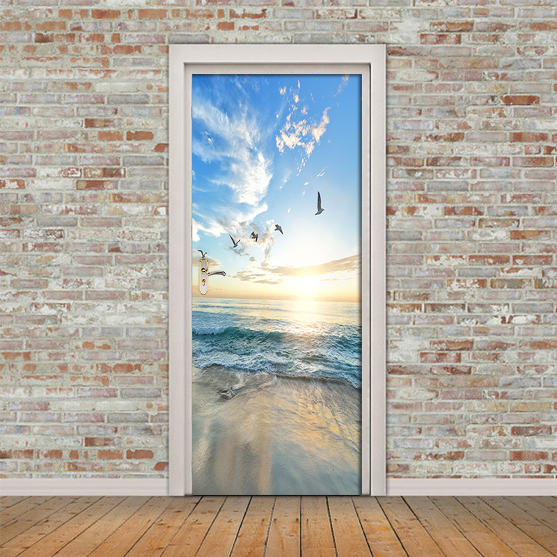 Self Adhesive Door Sticker Sunny Beach seascape Poster Wall Decal Door Mural Bedroom Door Waterproof PVC Sticker DIY Home Decor