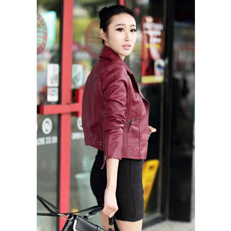 Women PU Leather Jacket Slim Zipper PU Leather Jacket Outwear