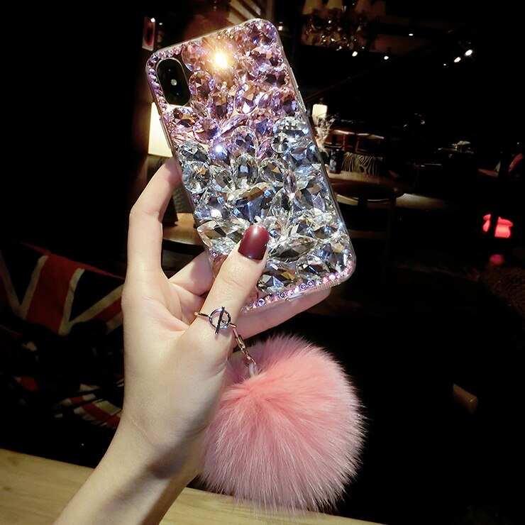 Rhinestone Bling Crystal Diamond Cover Voor Xiaomi Redmi Note 8 Pro Case Luxe Met Vossenbont Bal Hanger Tpu Cover voor Vrouwen: D