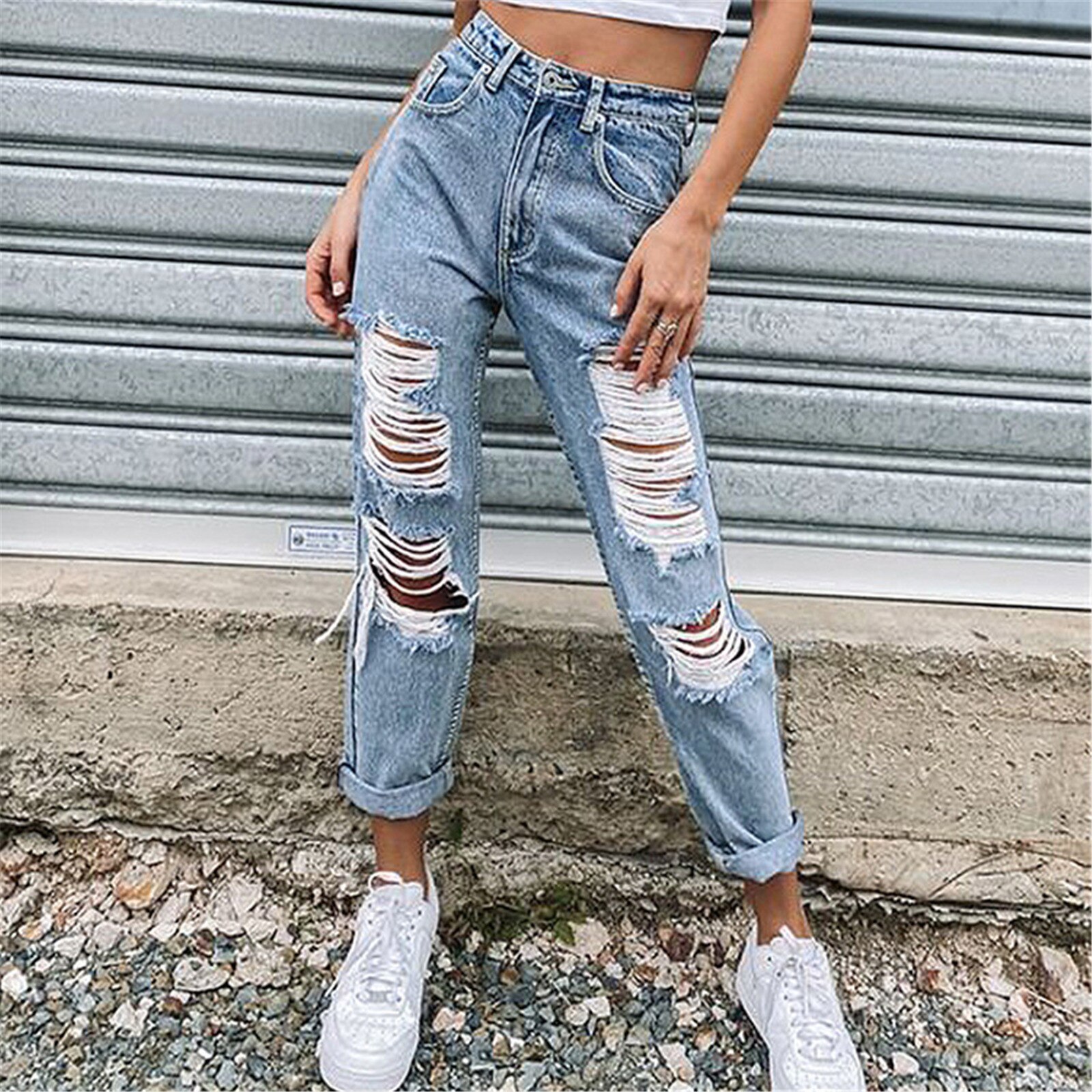 Ladies Jeans Buttons Elastic Casual Trend Hand-washed Cold-proof High Waist Daily Ripped Stretch Slim Jeans