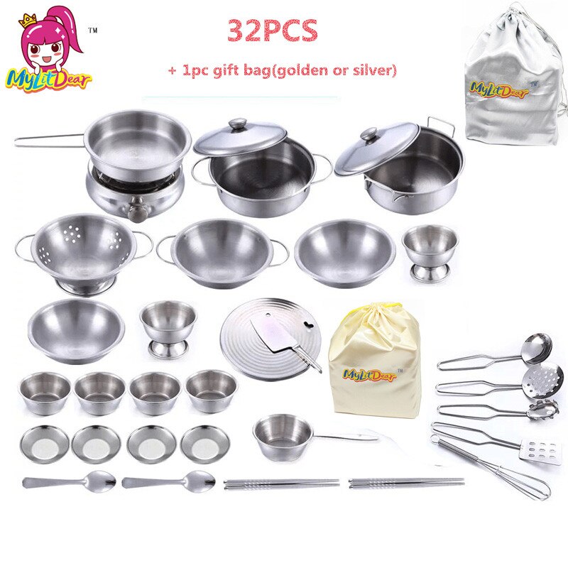 40 pz in Acciaio Inox Da Cucina Utensili Da Cucina Pentole Padelle di Cibo Regalo mini Cucina cucinare Strumenti Casa del Gioco di Simulazione Giocattoli Regalo borsa: 32pezzi con gift borsa