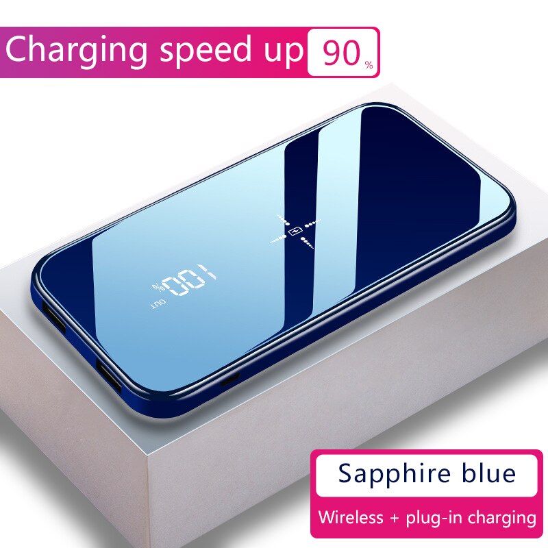 Qi Wireless Charger Power Bank 20000 mAh For iPhone Xiaomi Samsung Mirror Screen Powerbank External Battery Wireless Power Bank: Blue