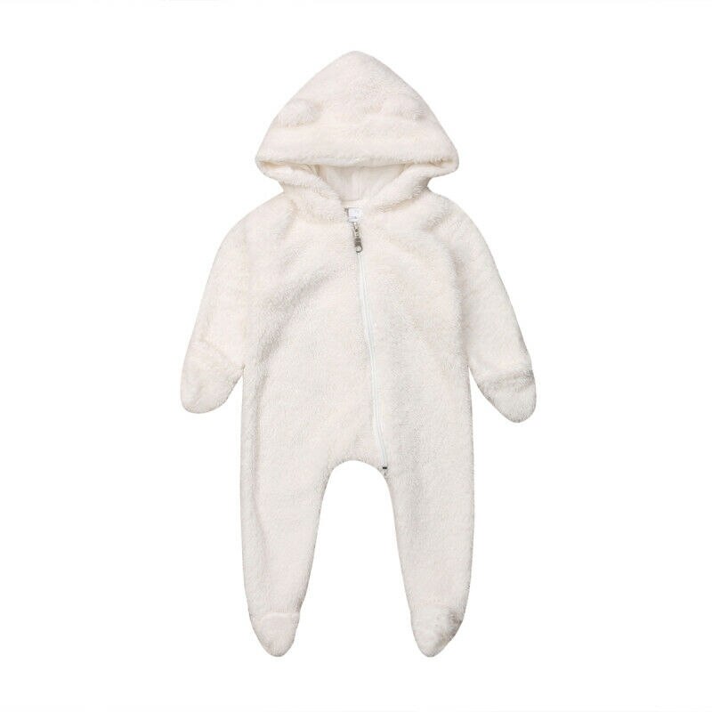 Nyfødt baby pige dreng fuzzy vintertøj hætteklædt romper bodysuit jumpsuit outfit 0-24m: Hvid / 18m