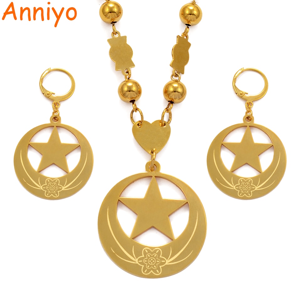 Anniyo Star and Flower Big Size Jewelry sets Bead Necklace Earrings Womens Gold Color Micronesia Guam Hawaii Marshalls #076721
