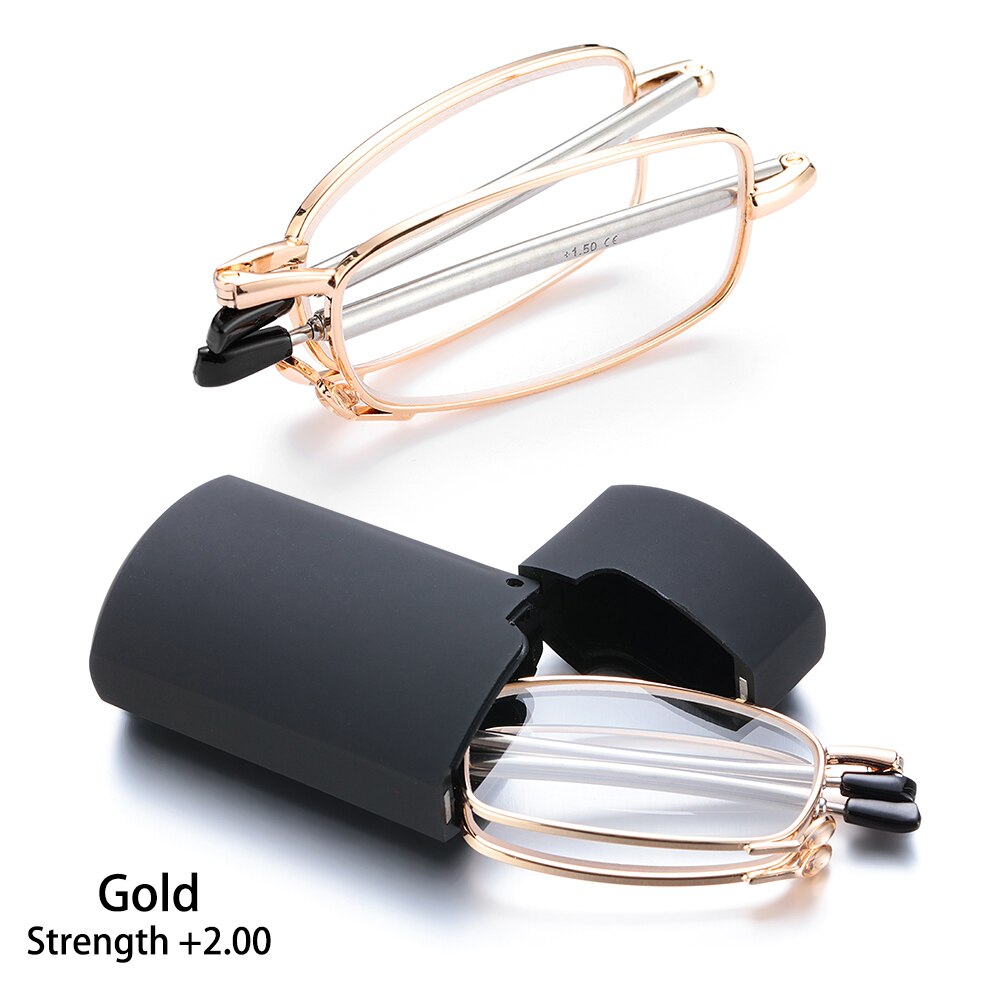 Men Women MINI Reading Glasses Folding Small Glasses Frame Black Metal Glasses Includes Original Case +1.0-4.0: Gold (Strength 2.00)