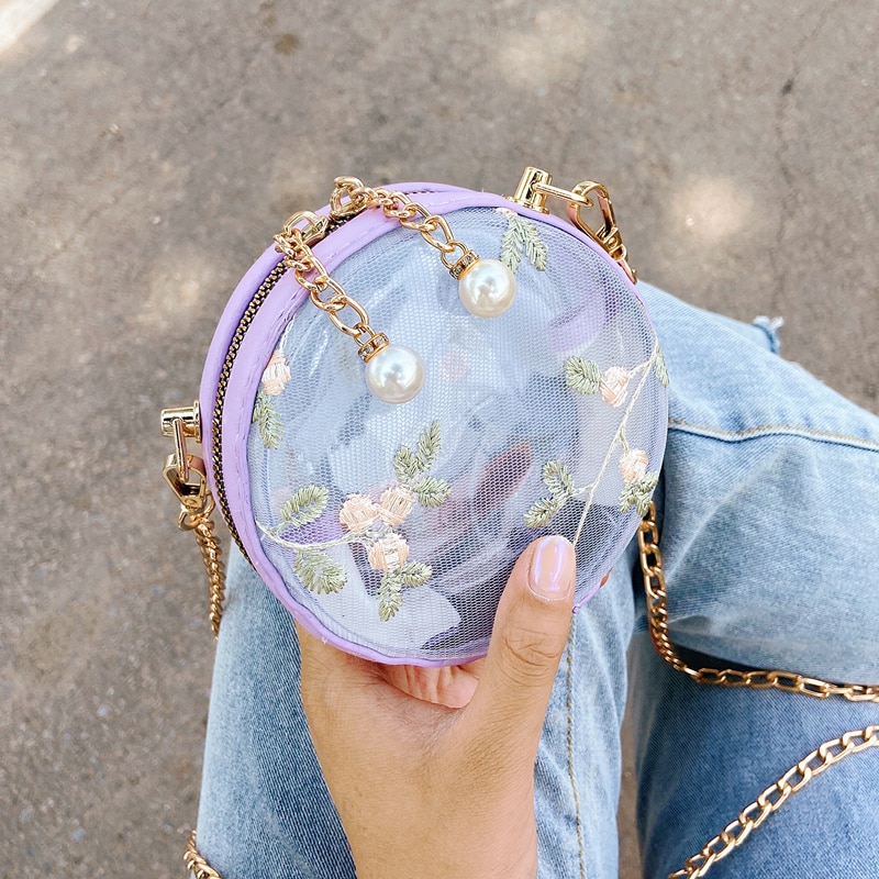 Transparente Runde Umhängetasche - Floral PVC - Perlen & Ketten Deko - Einzelner Riem - Lady Stil