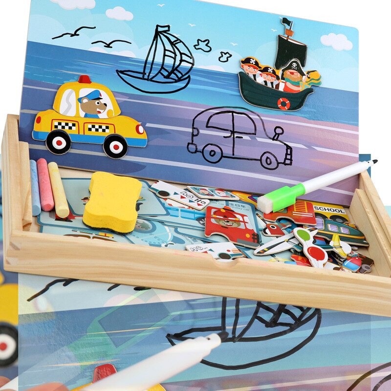 Cartoon Baby Houten Magnetische Puzzel Figuur/Dieren/Voertuig Tekentafel Box Kleuterschool Vroege Educatief Speelgoed Cadeau Voor Kinderen