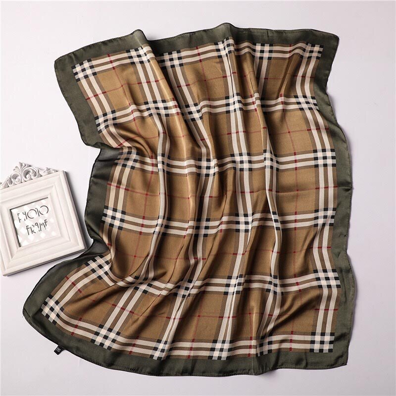 Foulard en soie de marque de luxe, foulard carré imprimé à carreaux, accessoires en satin pour sacs, foulards, foulard en mousseline de soie, hijab, bandana: 004