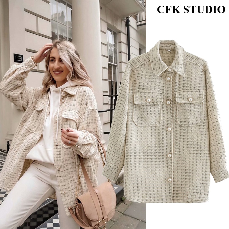 Dame efterår tweed jakke femme vinter femme frakke med turn-down krave med lomme lange ærmer oversize outwear frakke