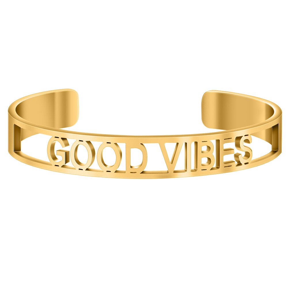 Cor do ouro oco para fora de aço inoxidável palavras inspiradoras positivas mantra mantra mantra pulseira pulseiras para homem presente feminino: GOOD VIBES