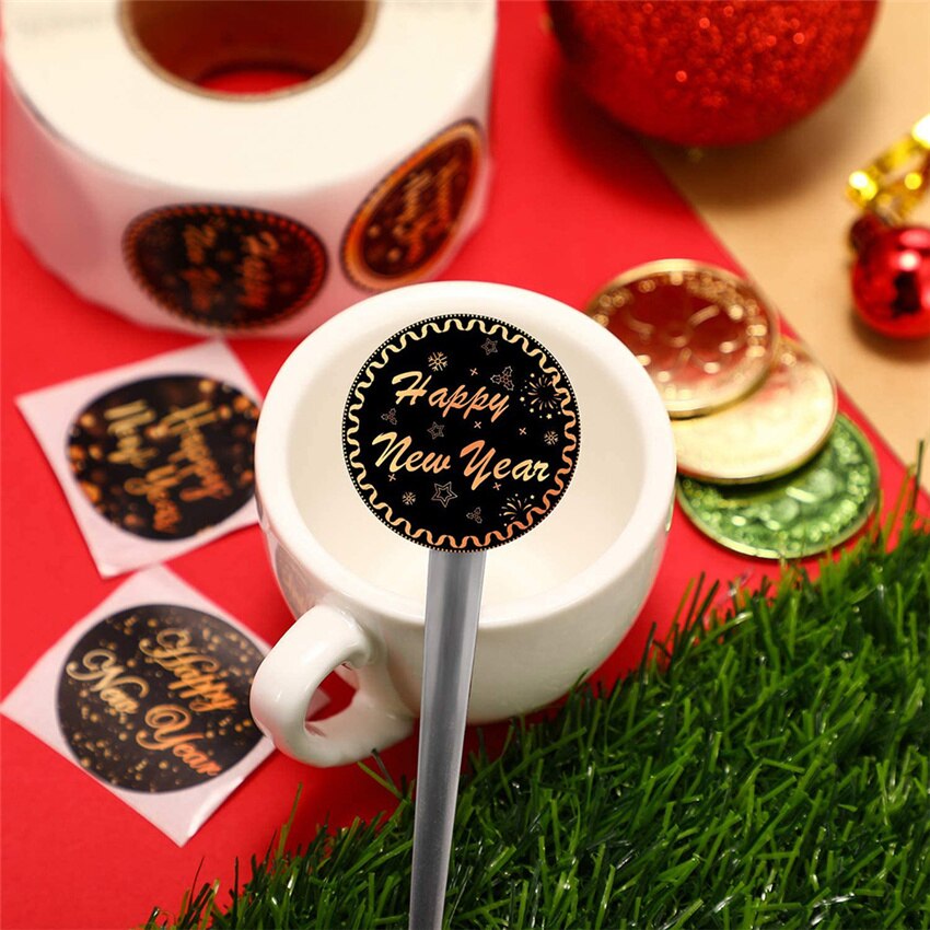 100-500 Stuks Gelukkig Nieuwjaar Stickers 8 Ontwerpen 1.5 &#39;&#39;Ronde Zwarte Goud Labels Stickers Voor Kerstcadeau kaarten Enveloppen Dozen