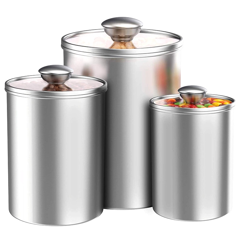 Airtight Canisters Sets for the Kitchen Counter, 3-Piece Stainless Steel Food Storage Container with Clear Glass Lids for Coffee