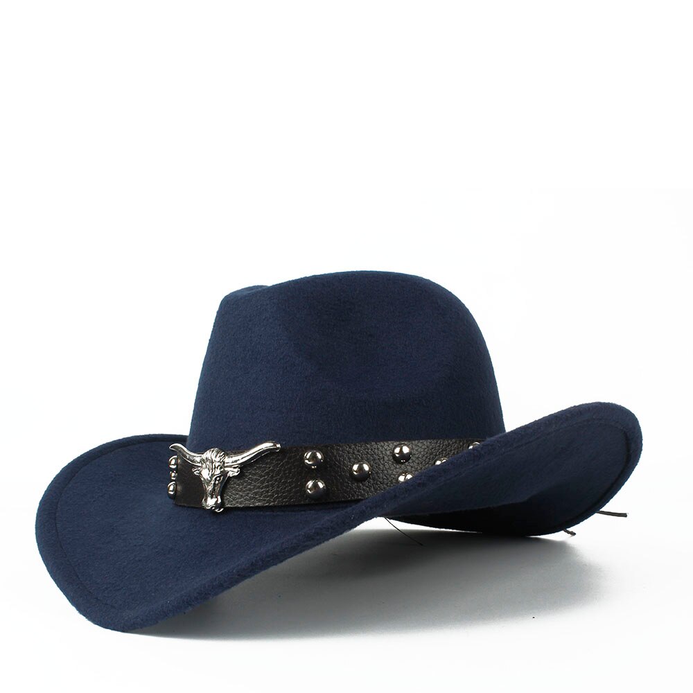 Women Men Wool Hollow Western Cowboy Hat With Tauren Belt Outback Jazz Toca Sombrero Cap Size 56-58CM: Dark Blue