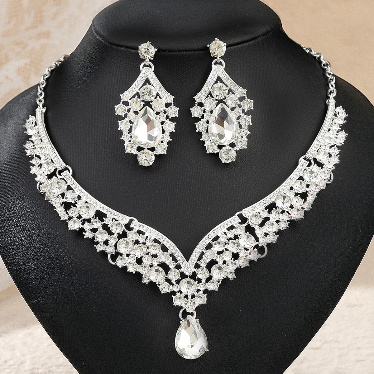 Barokke Kristal Strass Bruidssieraden Sets voor Vrouwen Trouwjurk Kroon Oorbel Tiara Ketting Set Prom Bruid Sieraden Sets: Light Grey