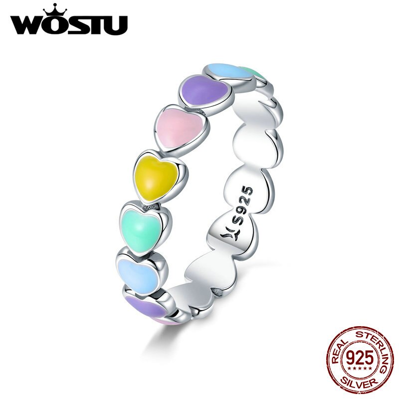WOSTU 925 Sterling Silver Multi-Color Rainbow Heart Finger Rings For Women Anniversary Ring Jewelry CQR444