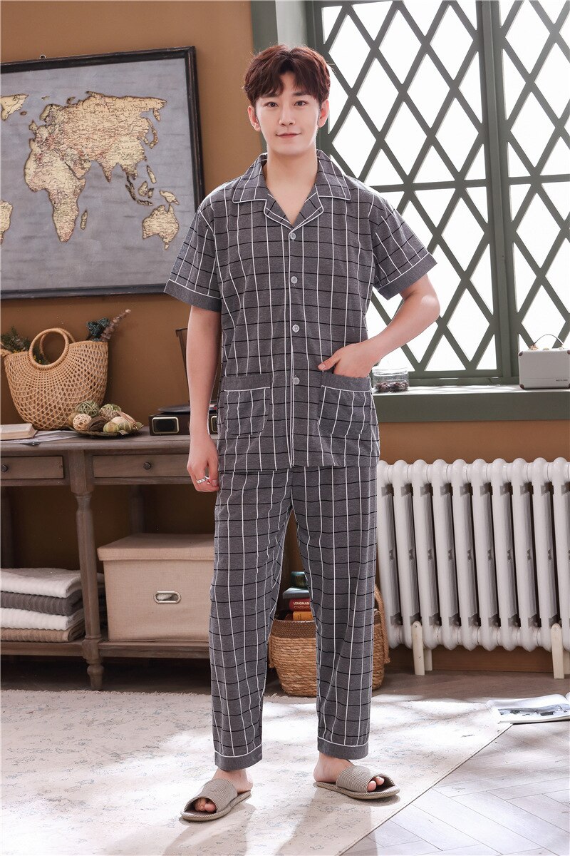 de pijamas sexis para hombre, vestido de noche con solapa de algodón y manga corta con estampado de popa de dormir a rayas