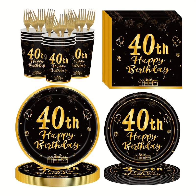 Happy Birthday 40 Year Old Disposable Tableware Black Gold Plate Tablecloth Banner For 40th Birthday Party Decorations Supplies