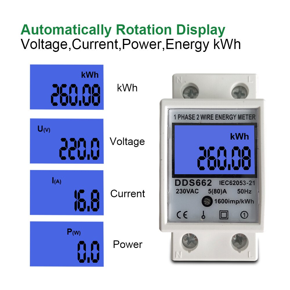 80A Din rail Single Phase Two Wire LCD Digital Display Power Consumption Energy Electric Meter kWh AC 220V 230V 50Hz/60Hz