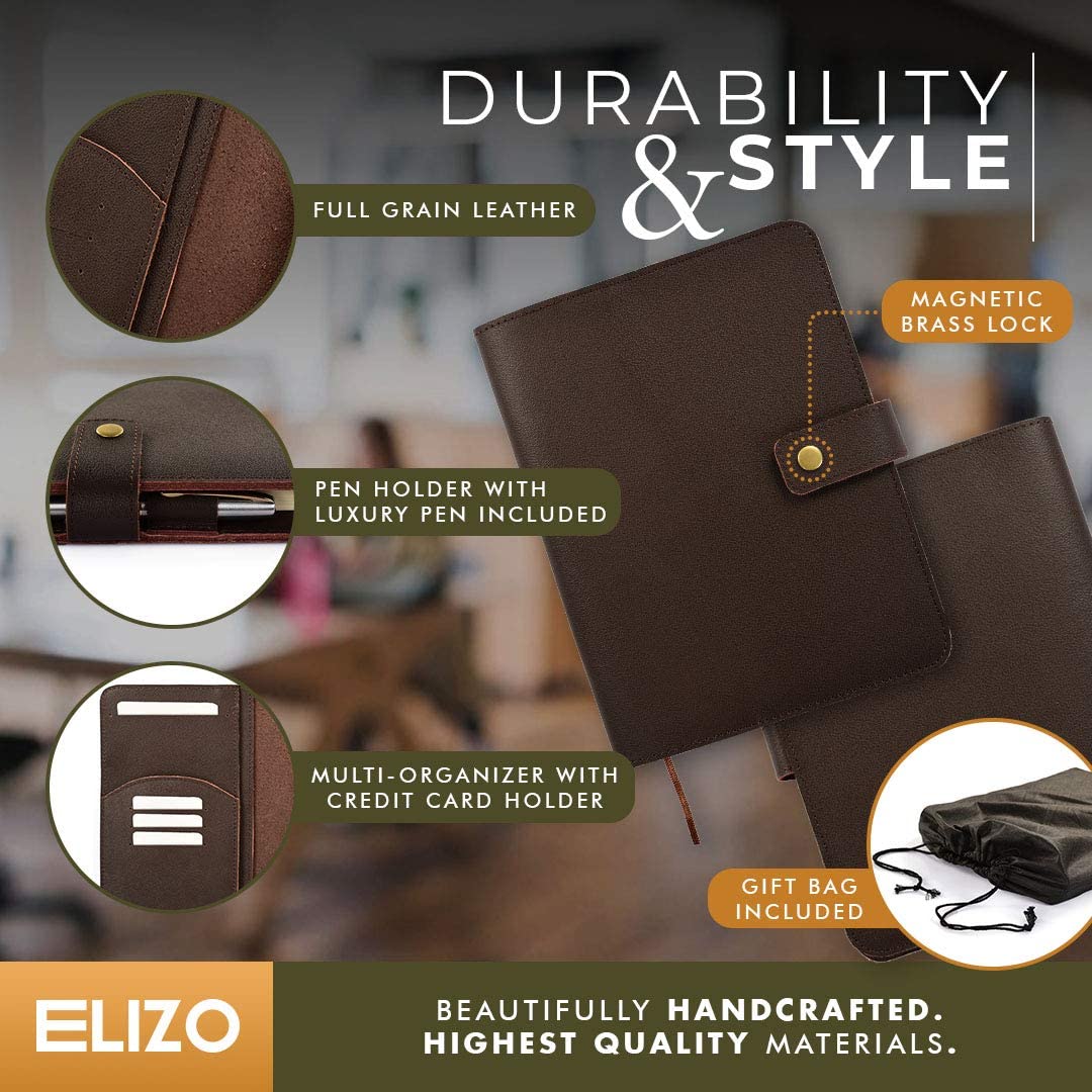 A5 Leather Journal Cover Multi Organizer with Credit Card Holder, Pockets and Pen - Fits 8.5 X 6 X 1 A5 Notebooks Planner Cover