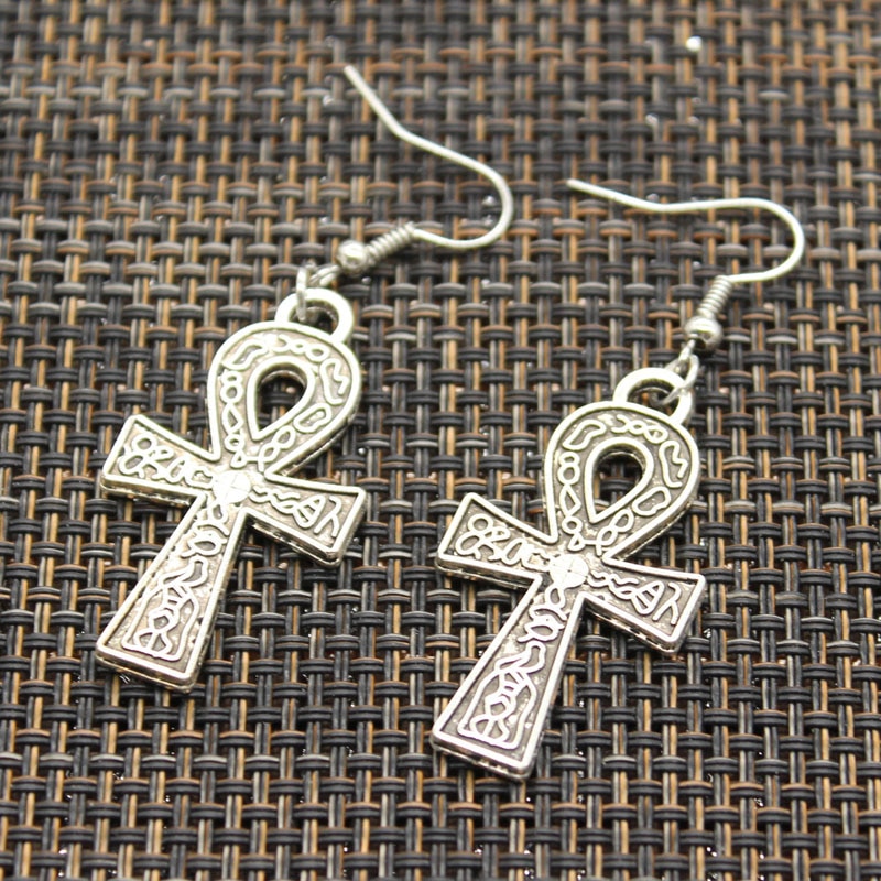 Mode Handgemaakte Cross Egyptische Ankh Leven Symbool Bloem Cross Hangers Zilveren Kleur Oorbellen Voor Vrouwen Stijl