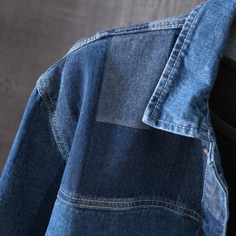 Thin Section Long Sleeve Tops Autumn Mens Denim Shirt Japanese Vintage Single Breasted Panelled Colors Loose Fit Casual Shirts