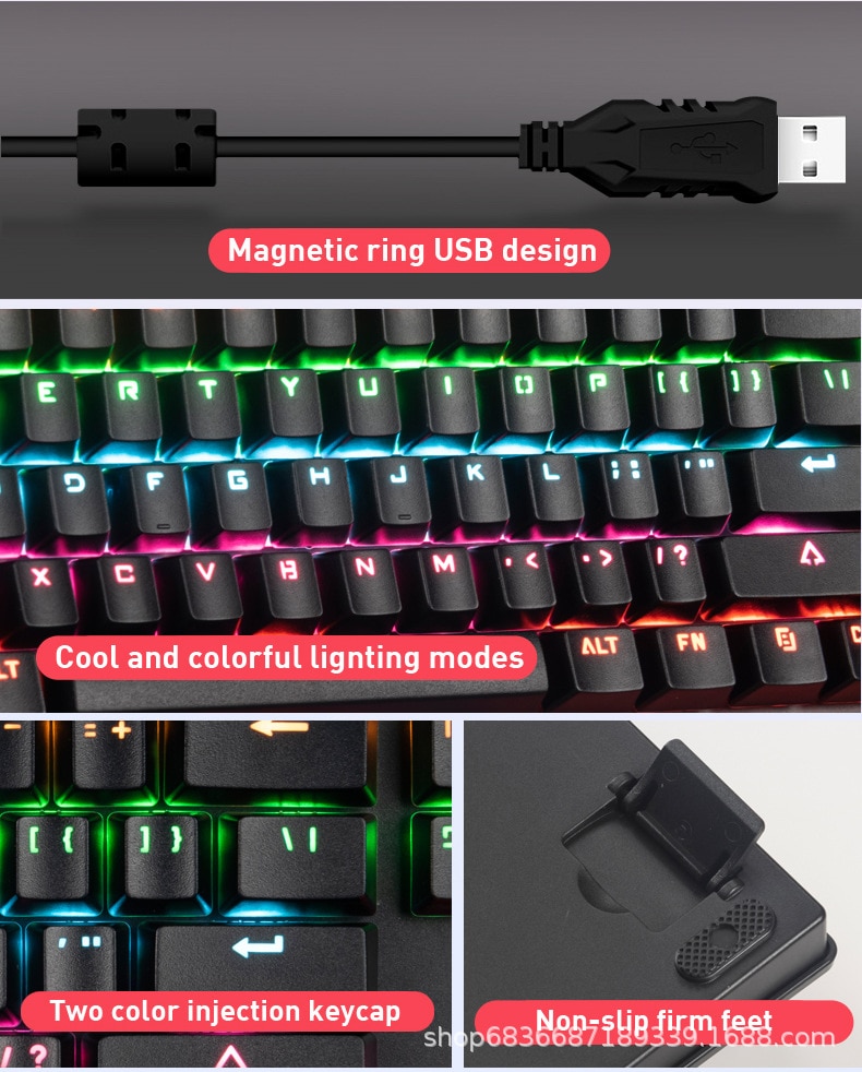 Teclado mecânico de jogos anti-ghosting RGB Mix, retroiluminado, interruptor azul, 87Key, apto para laptop, PC