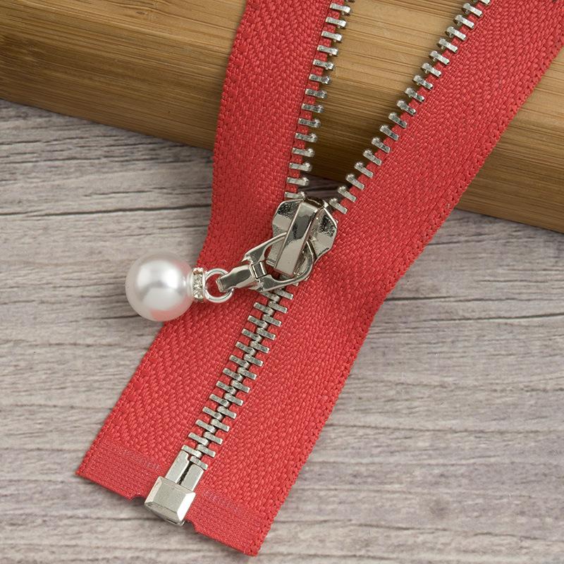 N. ° 5 cremallera de Metal con cremallera de cola abierta deslizante de perlas dentadas de cobre ropa de otoño invierno chaqueta falda de cuero tira de cremallera de doble cabeza: Silver Red teeth