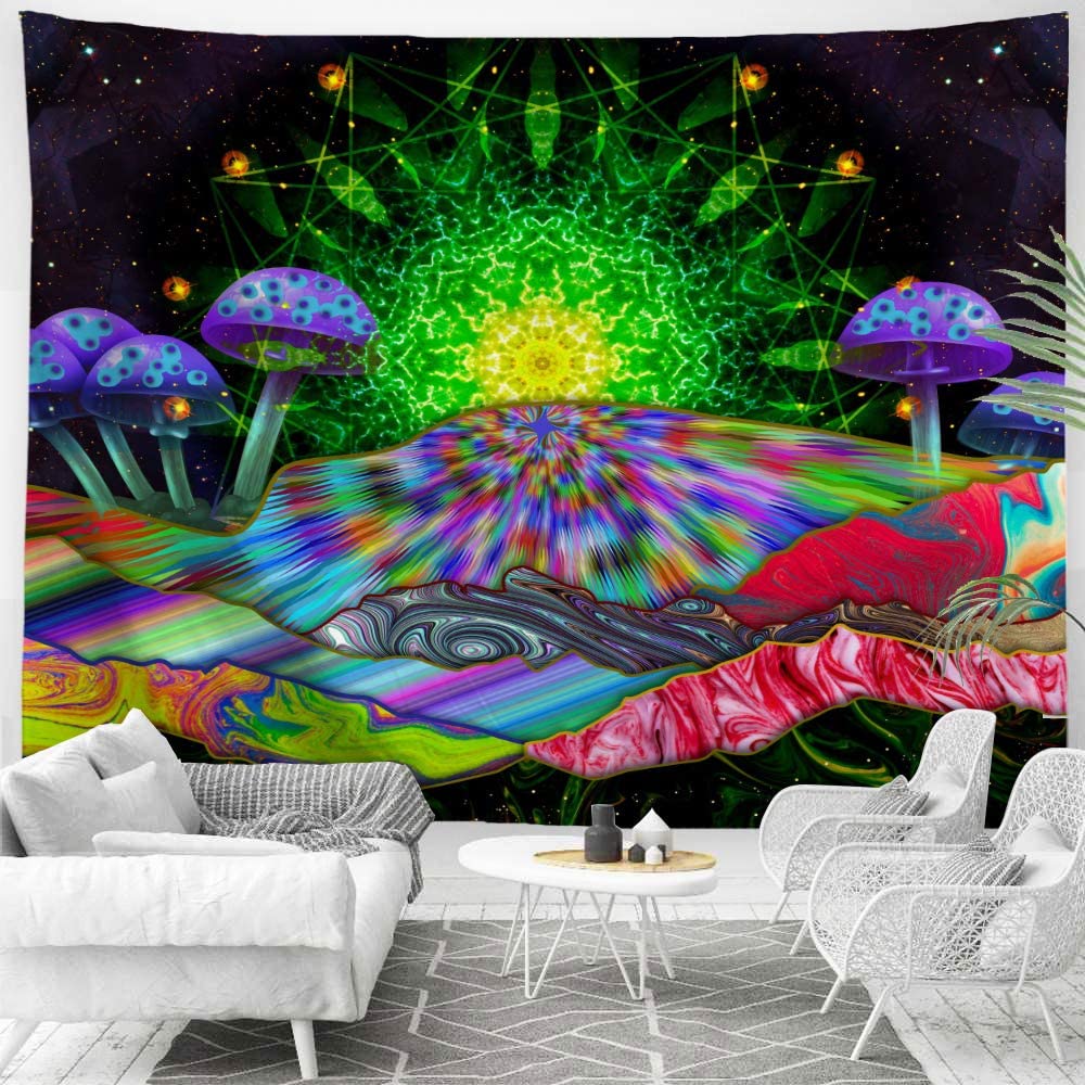 Trippy Mountain Mushroom Hippie Sun Mandala Tapestry,Psychedelic Starry Sky Colorful Wall Hanging