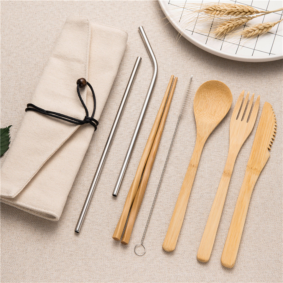 Draagbare Bestek Set Servies Set Vork Lepel Mes en Tandenborstel Eetstokjes Rietje voor Reizen Servies: 7pB