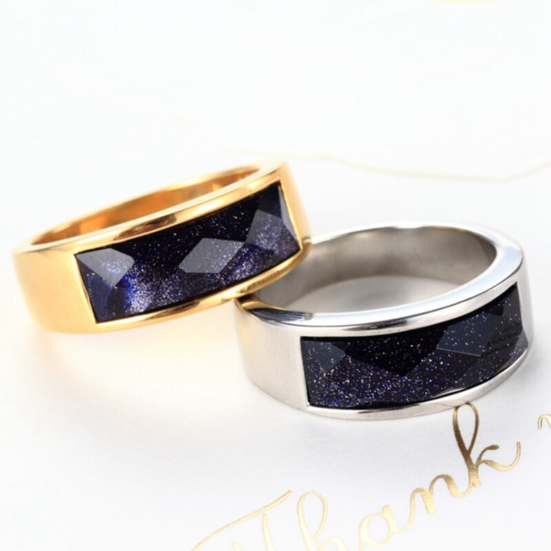 Doyubo herenringaccessoires van roestvrij staal met vierkante blauwe stenen, herenring met graveerlogo en naam  da141