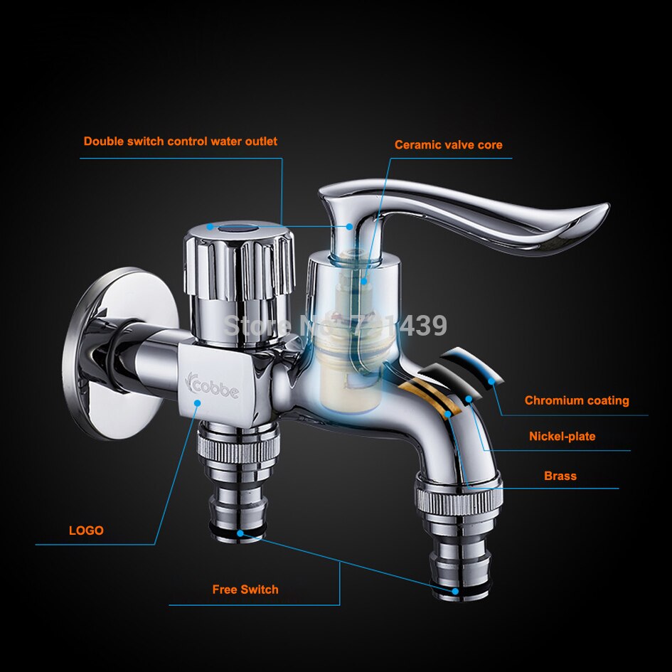 Brass Washing Machine Tap Wall Mount Chrome Finished Small Tap Decorative Double Garden Faucet Double Using Bibcock Taps