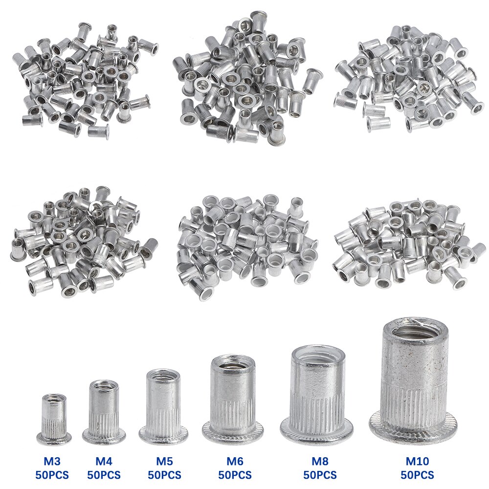 300Pcs M3 M4 M6 M8 M10 Flat Head Rivet Nuts Set Aluminum Alloy Rivet Nuts Nut Insert Riveting Set Rivet Nut Tool