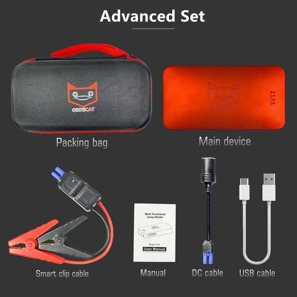 OBDIICAT-D8 Newest 600A Starting Device Power Bank Jump Starter Car Battery Booster Emergency Charger 12v Multifunction Device: D16 Red advanced