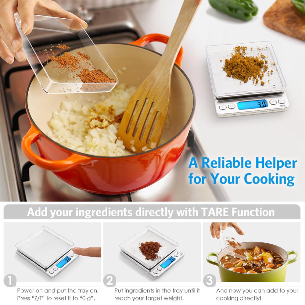 AMIR-báscula Digital de 3kg/0,1g para cocina, minibáscula de bolsillo para comida, joyería de acero inoxidable con pantalla LCD retroiluminada
