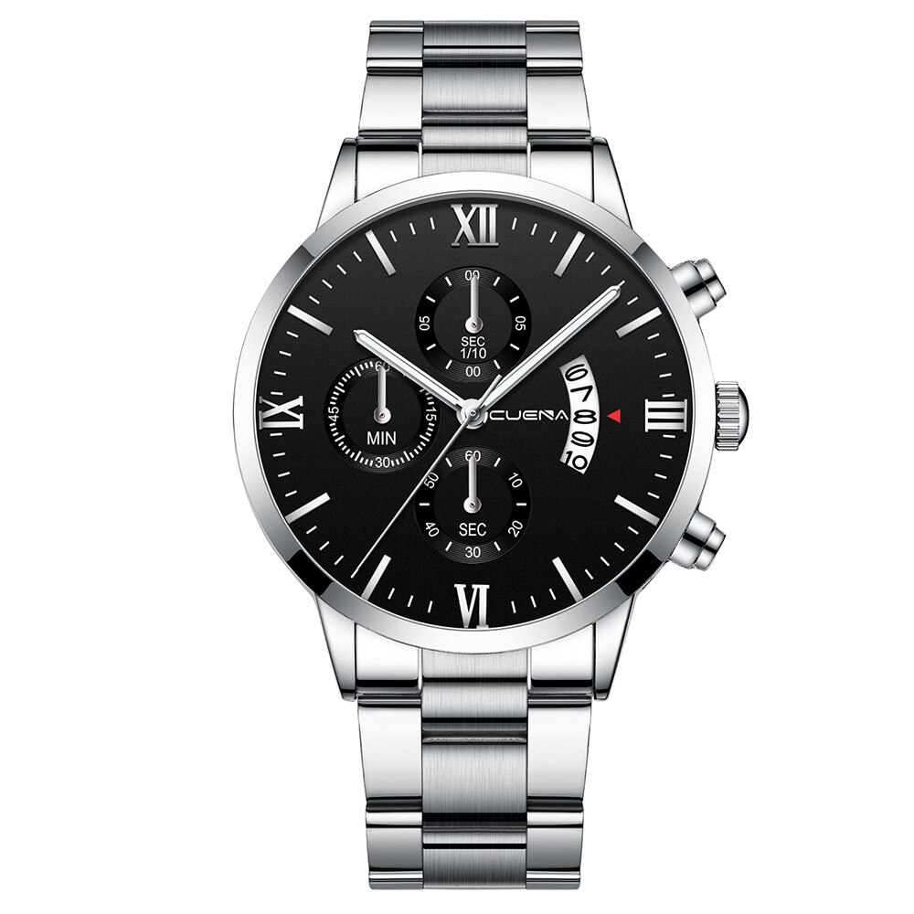 Cuena-reloj con correa de acero para hombre y mujer, cronógrafo de cuarzo con tres ojos, calendario de seis piezas,: P