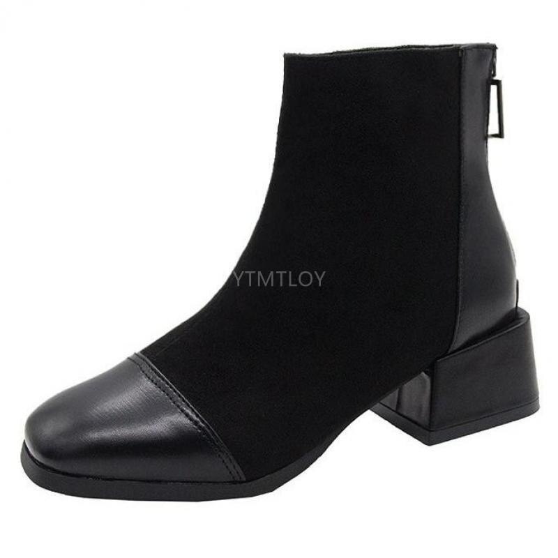 Kvinner ankelstøvletter dame semsket skinn glidelås firkantet tå pu lær hælsko kvinner chunky kvinnelige chelsea boots: Svart / 39