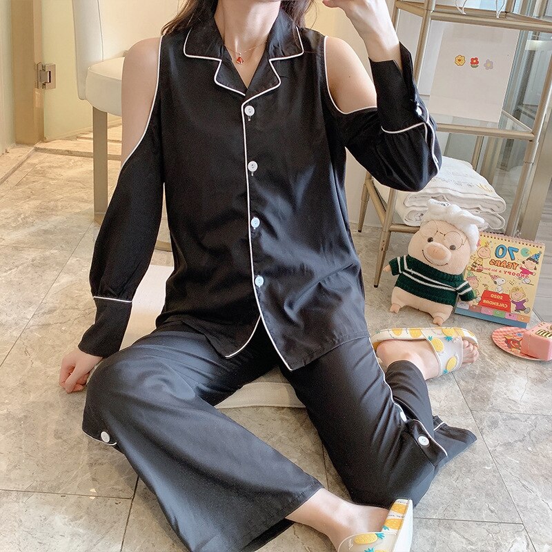 JULY&#39;S SONG White Shirts Woman Homewear Turn-down Collar Long Sleeve Sleepwear Spring Summer Pajamas Set Women: color2 / XL