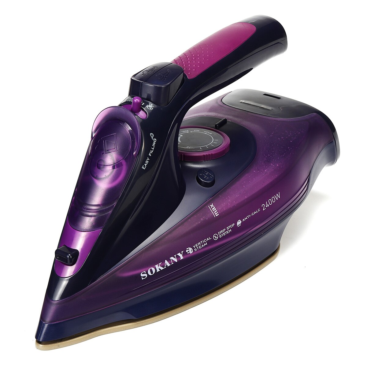Plancha de vapor con cuerda eléctrica de 2400W, plancha de vapor con carga inalámbrica, ajuste de 5 velocidades, plancha de ropa, ABS + suela de cerámica, enchufe europeo: Morado