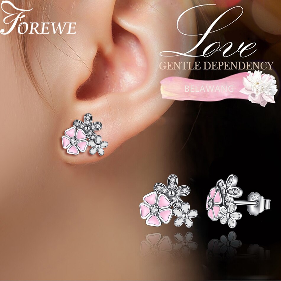 BELAWANG 925 Sterling Silber Gänseblümchen Blüte Zucht Ohrringe für Frauen Rosa Emaille Kristall Blume Ohrringe murmeln der Schild Schmuck