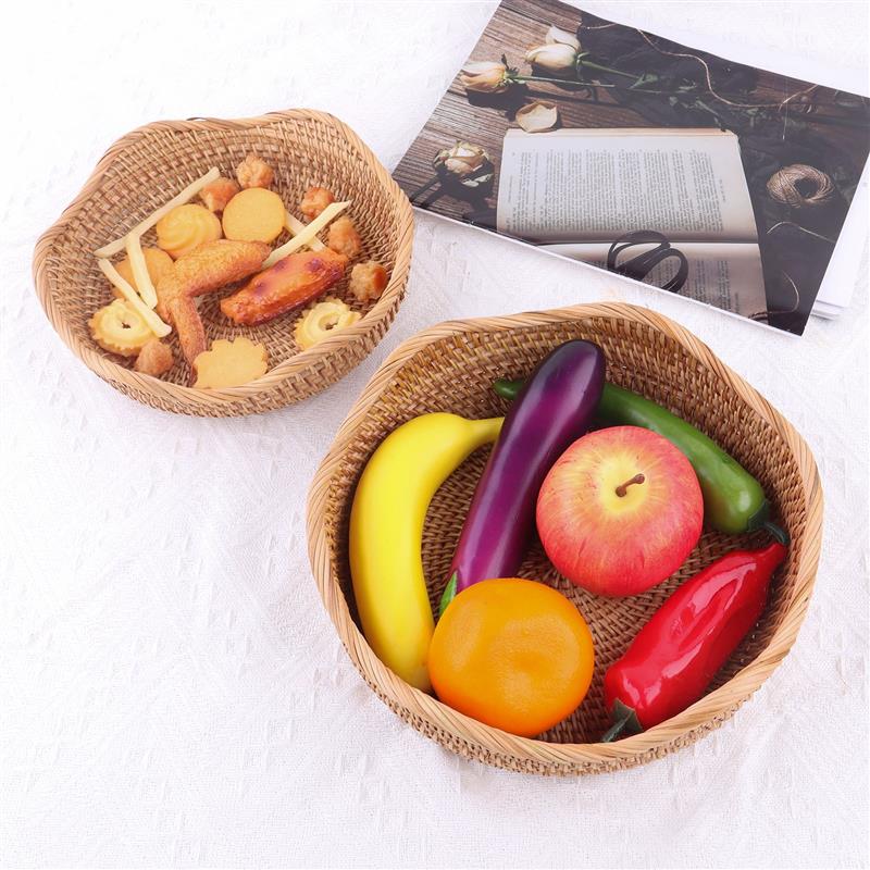 Cesta de tejido de fibra vegetal, cesta de ratán redonda, rectangular, ovalada, para almacenamiento de frutas, pan, aperitivos, cocina, organizador de decoración del hogar