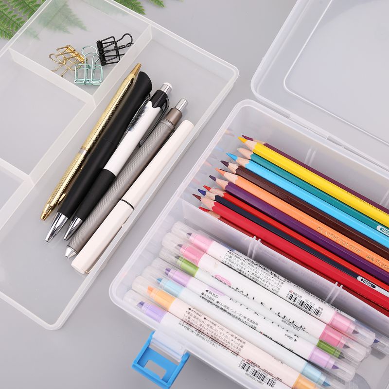 Dubbele Laag Etui Transparant Plastic Pen Opbergdoos Briefpapier School Kantoor Kids