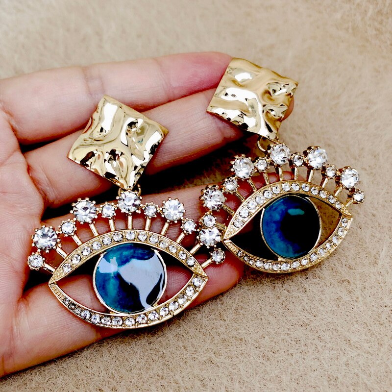 F.J4Z Women's Eye Earrings Classic Blue Eyeball Sparkling Crystal Eyelash Earring Lady Party Earring